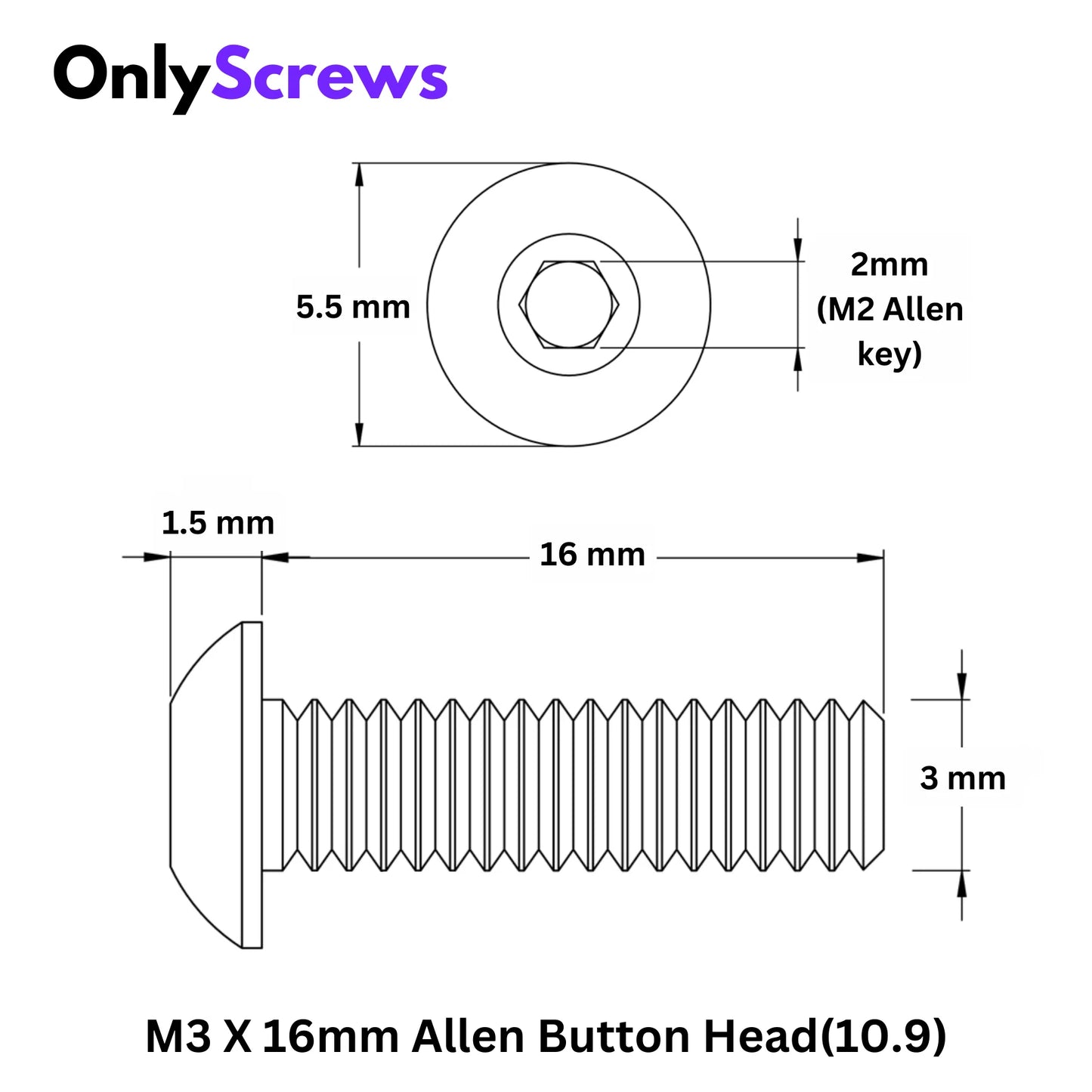 M3 x 16mm Button Head Screw – High Strength Steel Socket Head Fastener for Drone, Robotics & Electronics