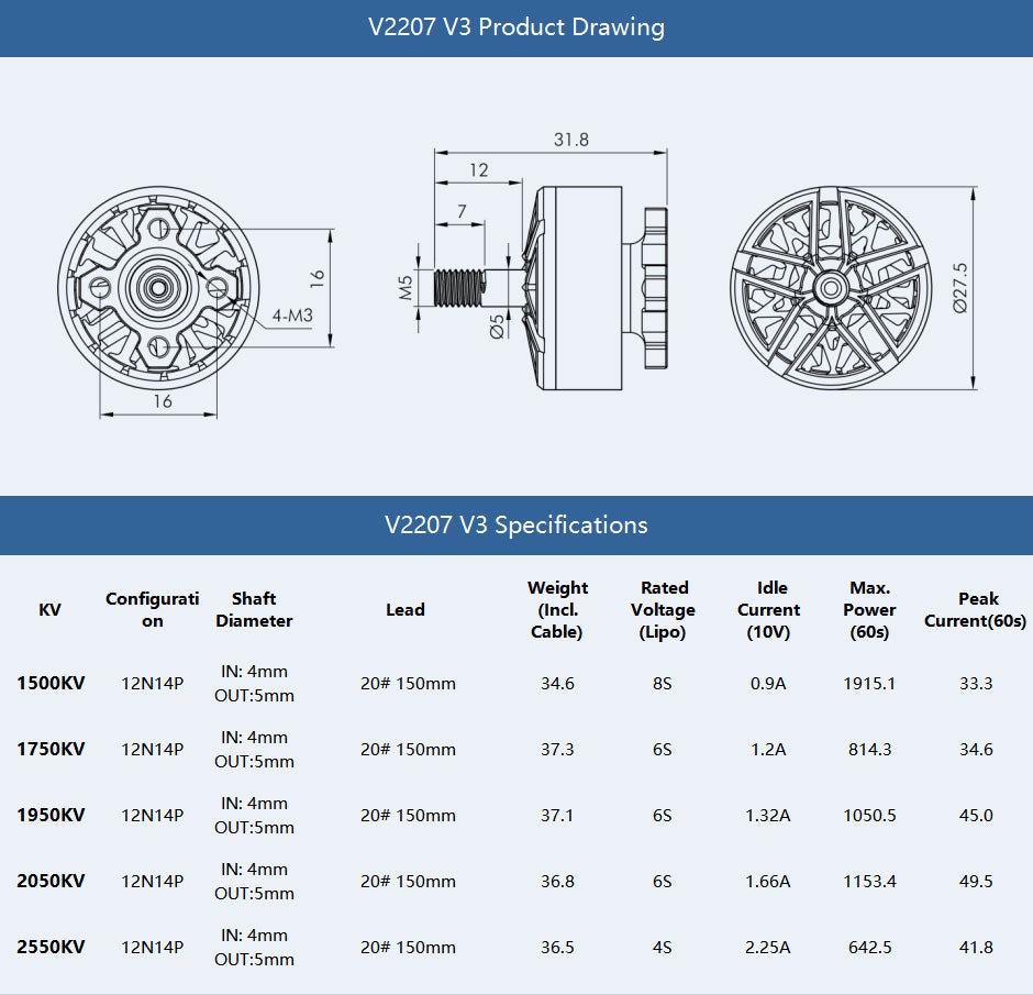 T-Motor Velox V2207 V3 Brushless Drone Motor KV1750