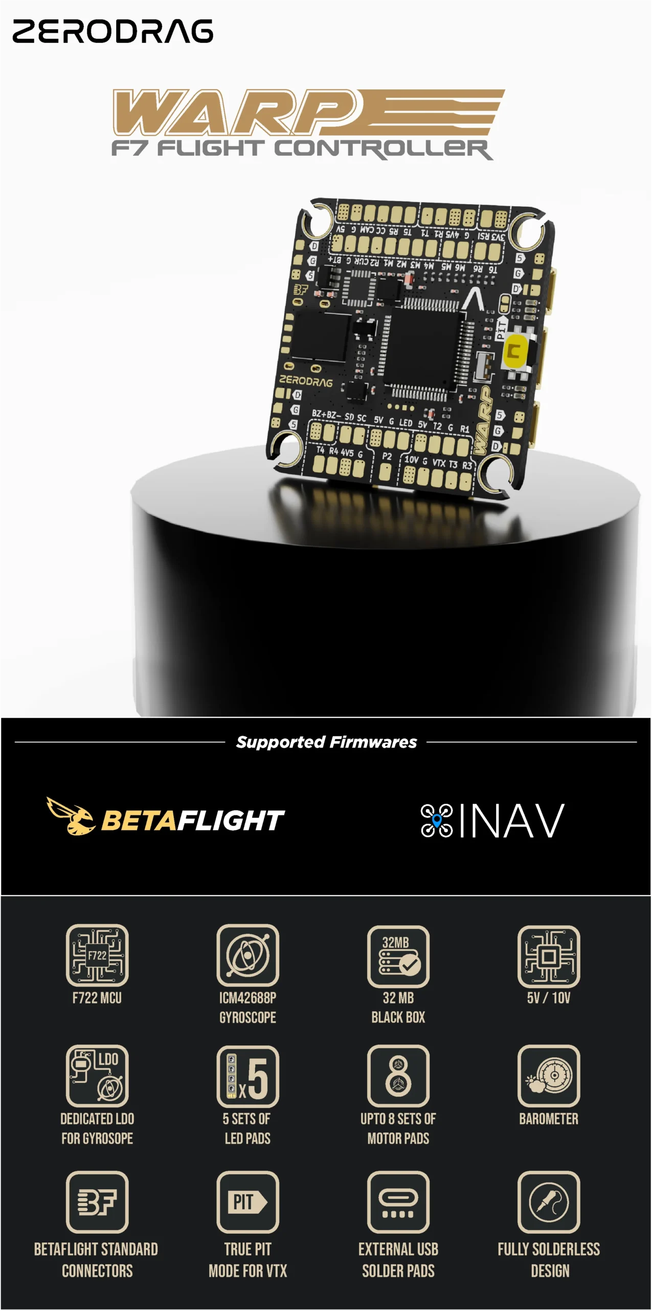 Zerodrag Warp F7 Flight Controller – Fully Solder-Less Design with 12-Month Warranty – Made in India