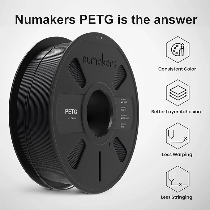 Numakers PETG 3D Printer Filament 1.75mm – Pitch Black High Strength Durable Printing Material
