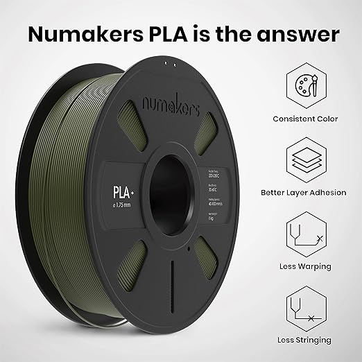 Numakers PLA+ 3D Printer Filament 1.75mm – Army Green High Strength Tough PLA+ Printing Material
