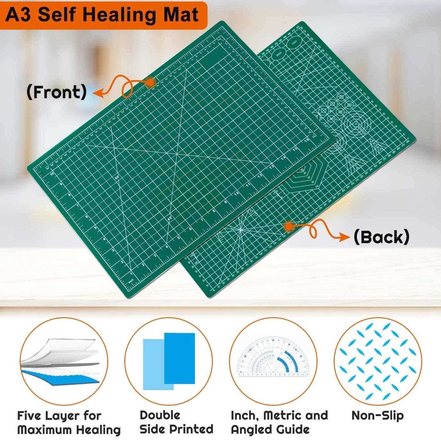 A3 Self-Healing Rubber Cutting Mat – 5-Layer Double-Sided Durable Non-Slip Green PVC Board