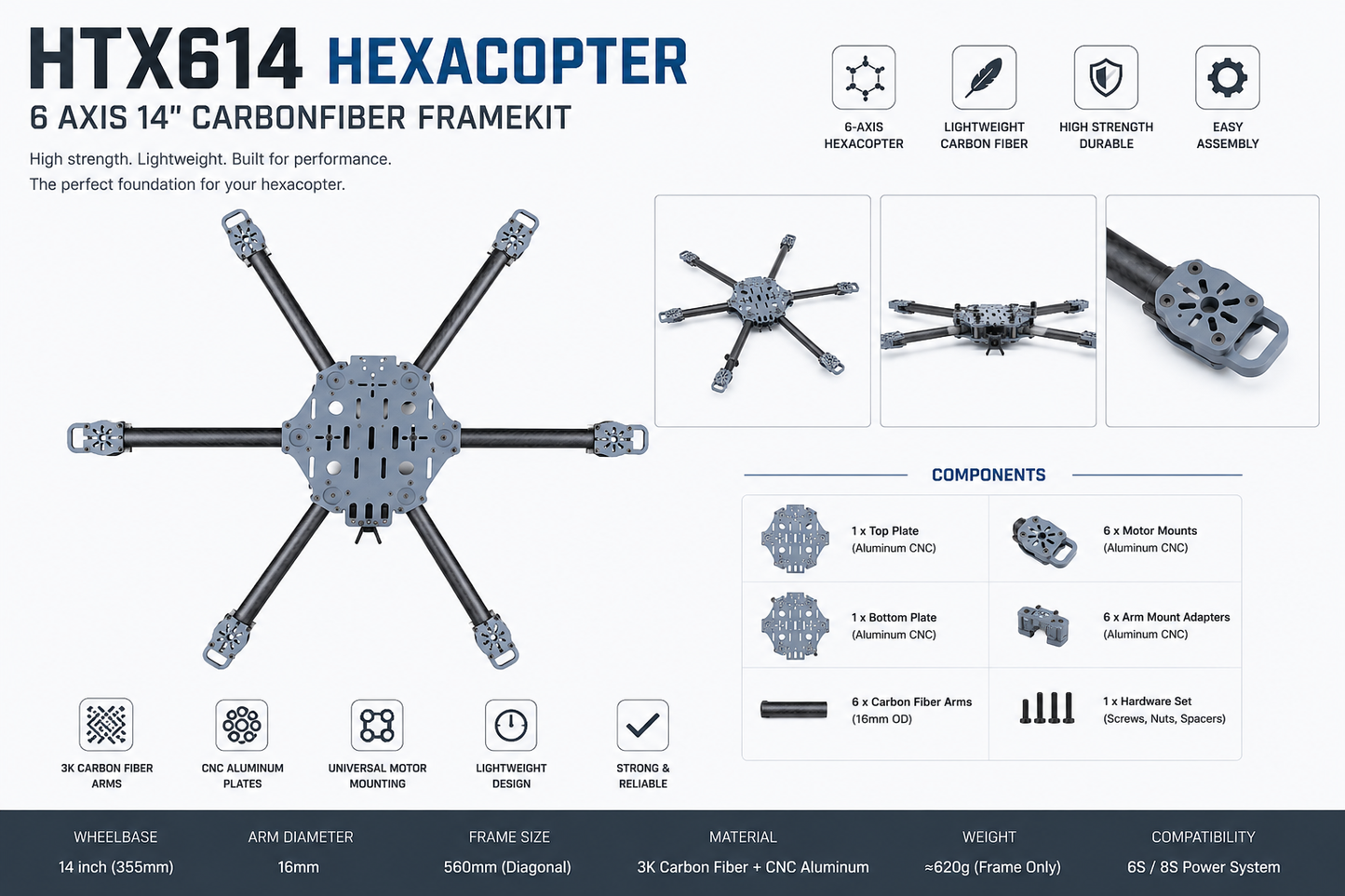 HTX614 Hexacopter 6-Axis 14 Inch Carbon Fiber Frame Kit – Heavy Lift FPV Drone Frame
