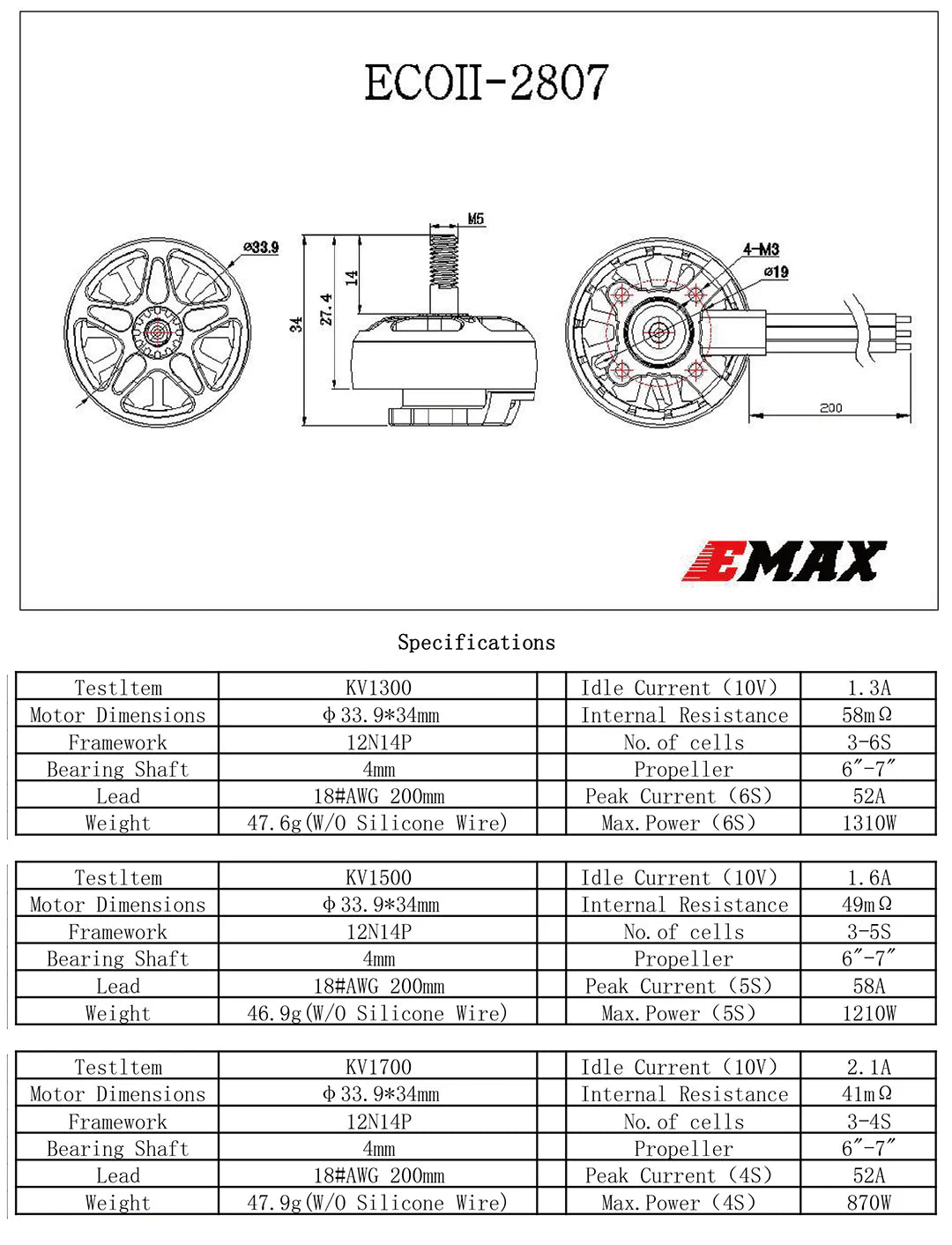 Emax ECO II Series 2807 3-6S 1300KV Brushless Motor