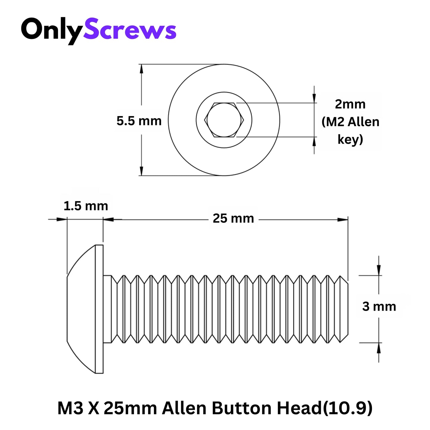 M3 x 25mm Button Head Screw – High Strength Steel Socket Head Fastener for Drone, Robotics & Electronics