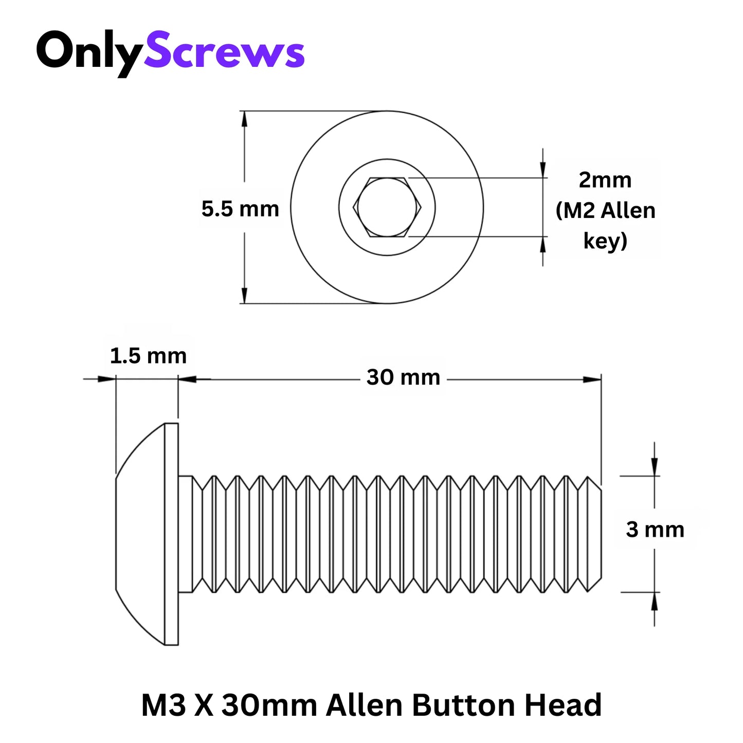 M3 x 30mm Button Head Screw – High Strength Steel Socket Head Fastener for Drone, Robotics & Electronics